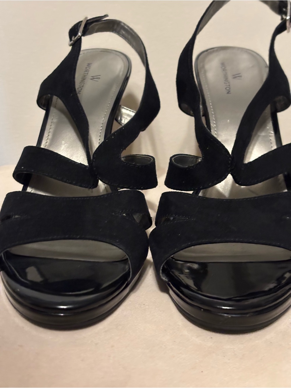 Worthington Black Suede & Patent Platform Sandals with Ankle Strap